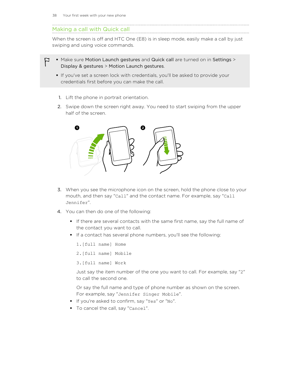 Making a call with quick call | HTC One E8 User Manual | Page 38 / 185