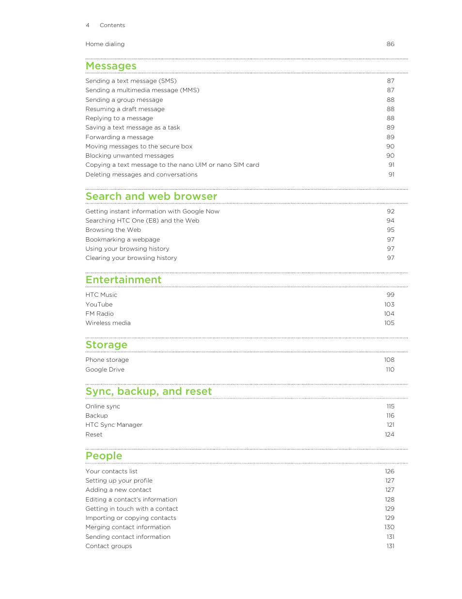 Messages, Search and web browser, Entertainment | Storage, Sync, backup, and reset, People | HTC One E8 User Manual | Page 4 / 185