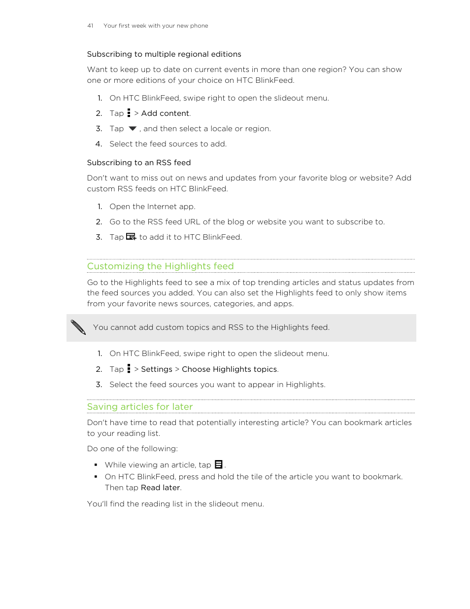 Subscribing to multiple regional editions, Subscribing to an rss feed, Customizing the highlights feed | Saving articles for later | HTC One E8 User Manual | Page 41 / 185
