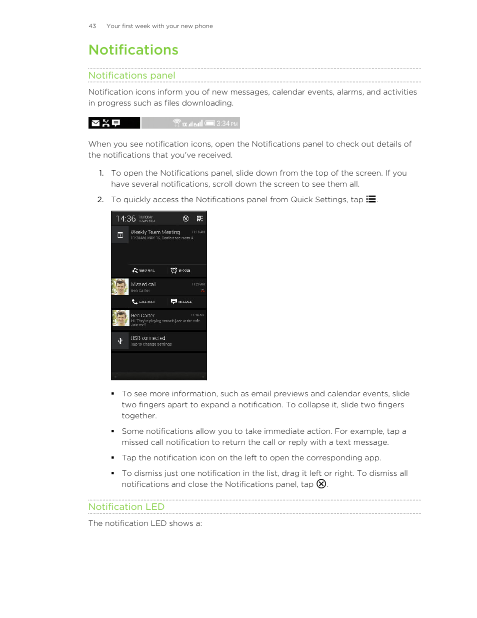 Notifications, Notifications panel, Notification led | HTC One E8 User Manual | Page 43 / 185