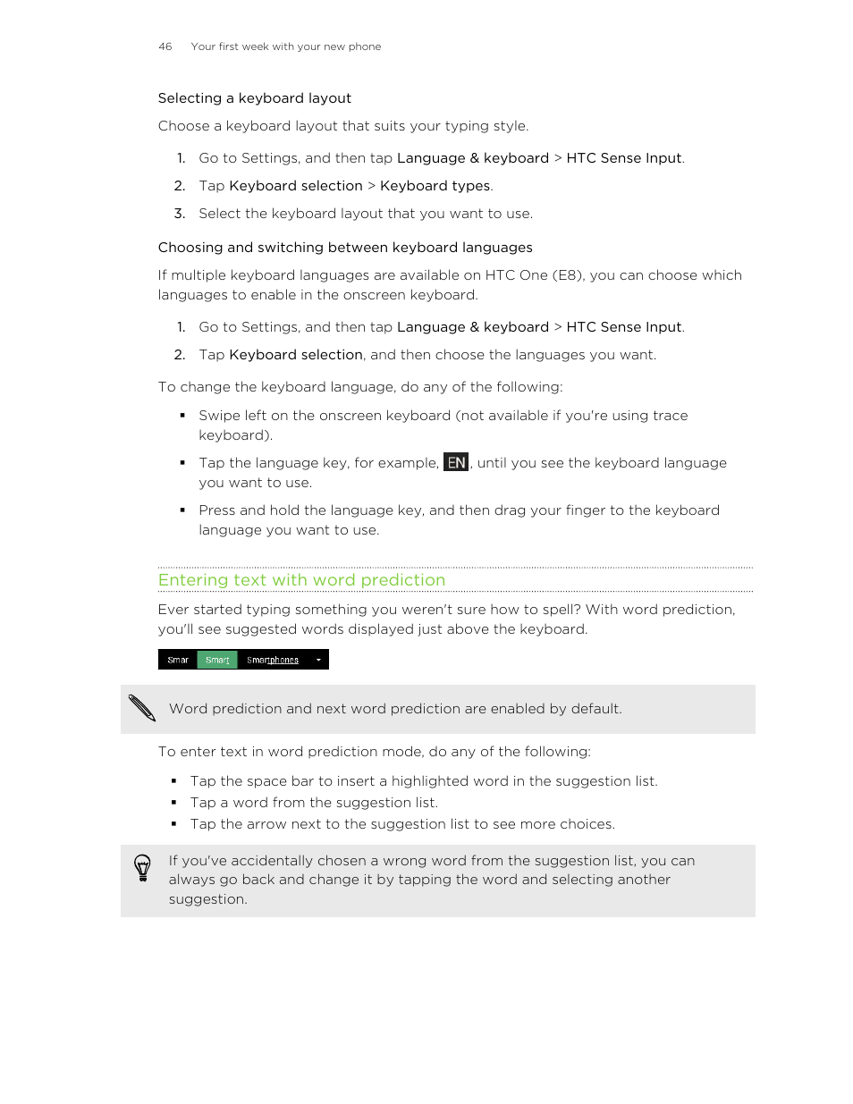 Selecting a keyboard layout, Choosing and switching between keyboard languages, Entering text with word prediction | Shortcuts to the word prediction dictionary. see, Entering text with word, Prediction | HTC One E8 User Manual | Page 46 / 185