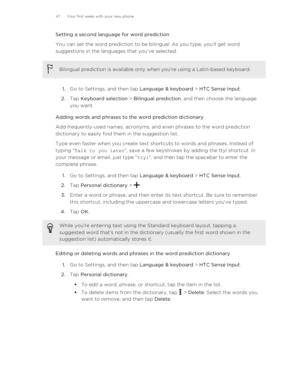 Setting a second language for word prediction | HTC One E8 User Manual | Page 47 / 185