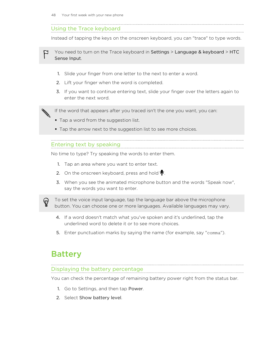 Using the trace keyboard, Entering text by speaking, Battery | Displaying the battery percentage, You can type words by just speaking. see, From one letter to another. see | HTC One E8 User Manual | Page 48 / 185
