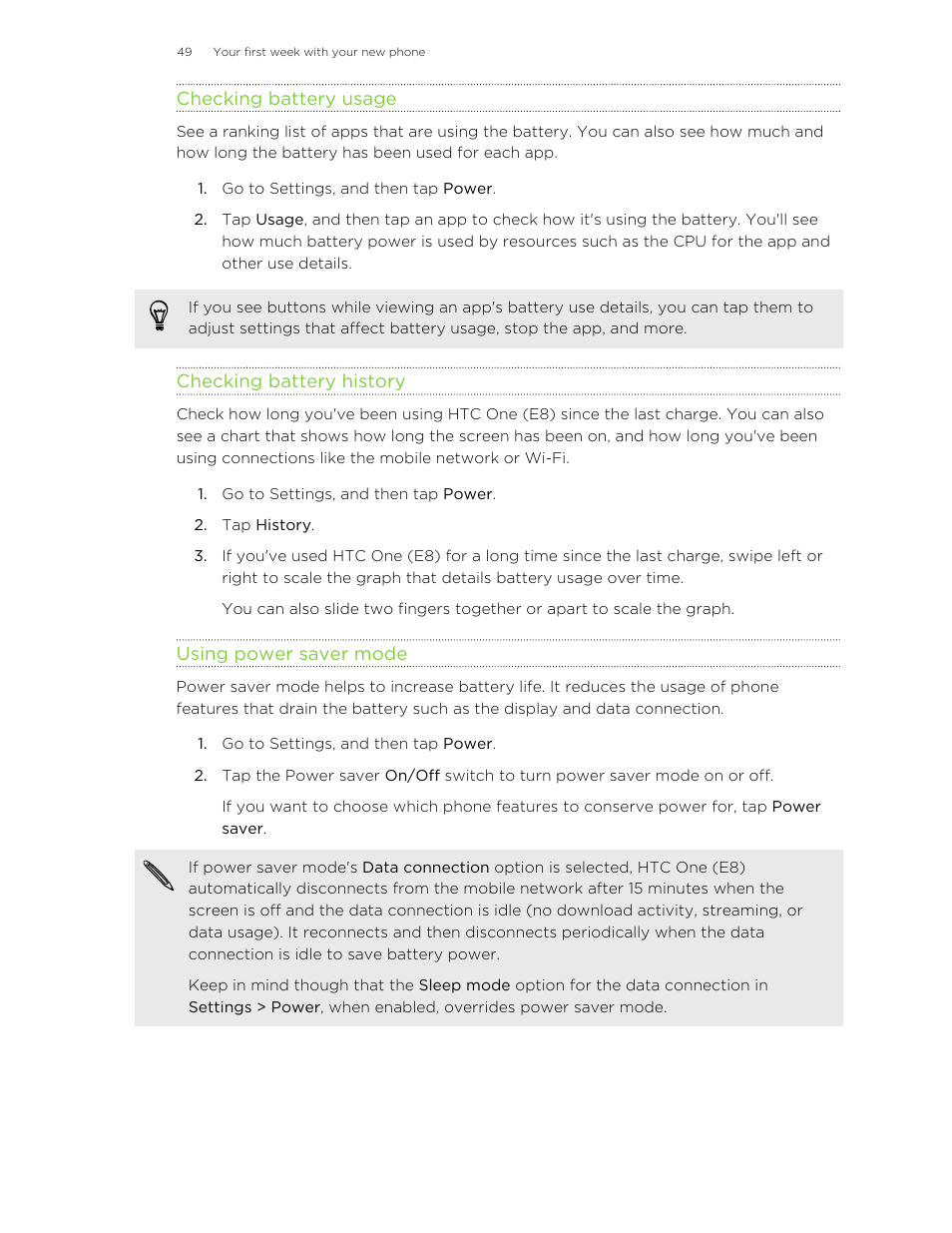 Checking battery usage, Checking battery history, Using power saver mode | HTC One E8 User Manual | Page 49 / 185