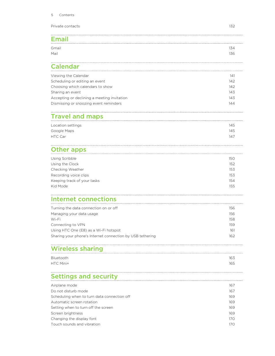Email, Calendar, Travel and maps | Other apps, Internet connections, Wireless sharing, Settings and security | HTC One E8 User Manual | Page 5 / 185