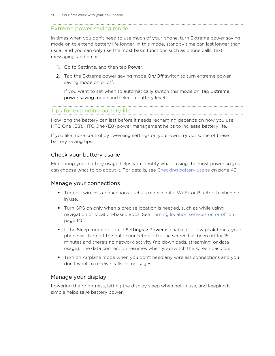 Extreme power saving mode, Tips for extending battery life | HTC One E8 User Manual | Page 50 / 185