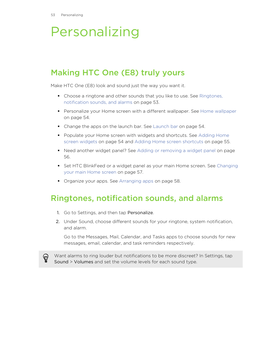 Personalizing, Making htc one (e8) truly yours, Ringtones, notification sounds, and alarms | HTC One E8 User Manual | Page 53 / 185