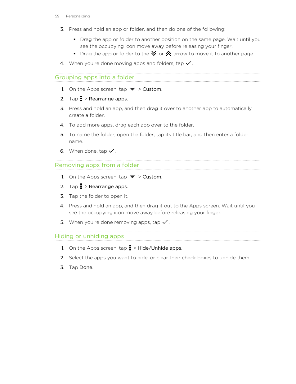 Grouping apps into a folder, Removing apps from a folder, Hiding or unhiding apps | HTC One E8 User Manual | Page 59 / 185