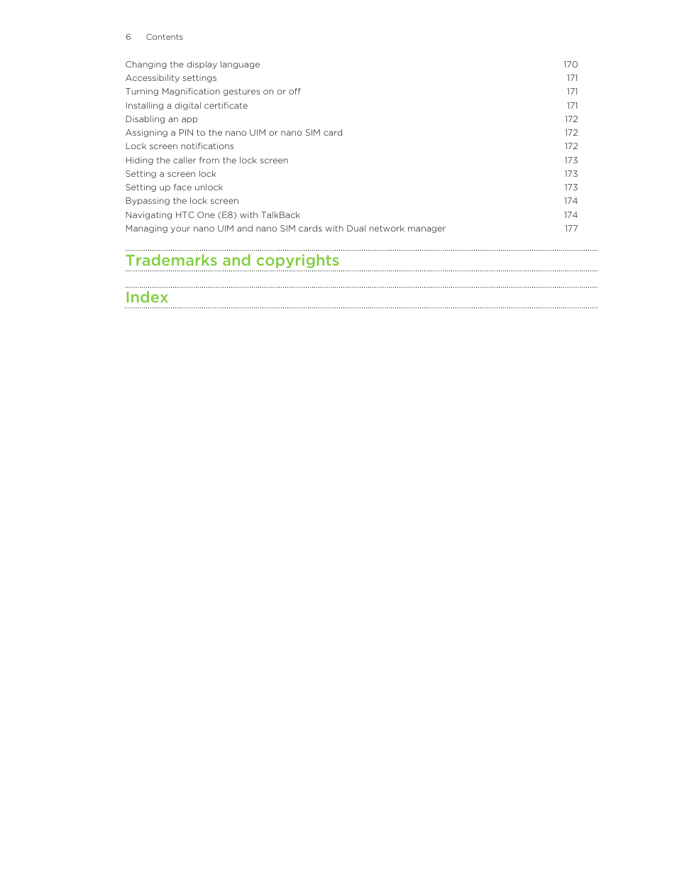 Trademarks and copyrights index | HTC One E8 User Manual | Page 6 / 185