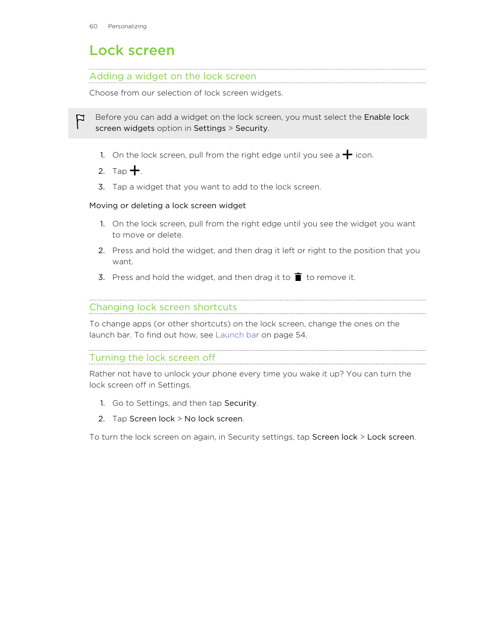 Lock screen, Adding a widget on the lock screen, Moving or deleting a lock screen widget | Changing lock screen shortcuts, Turning the lock screen off | HTC One E8 User Manual | Page 60 / 185