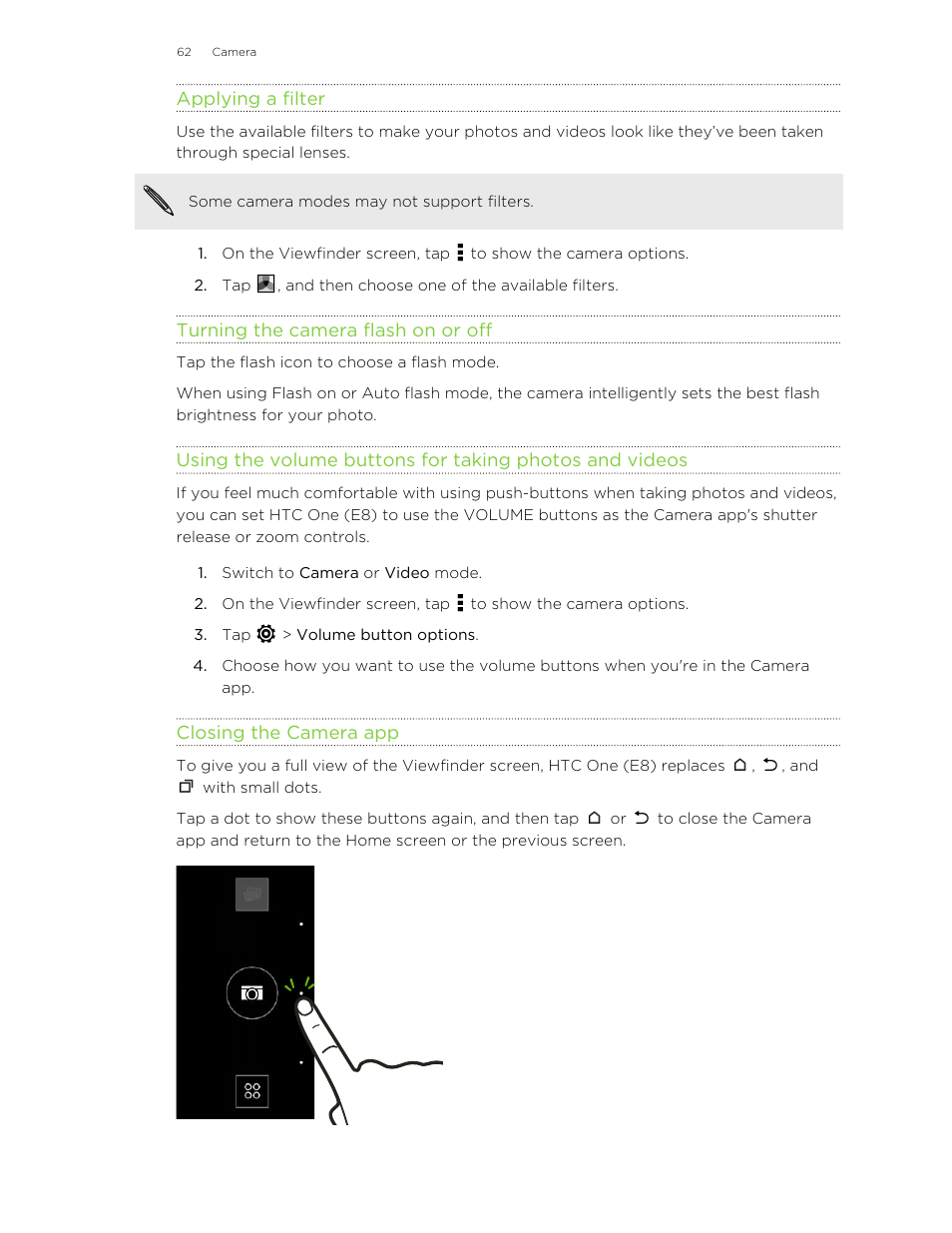 Applying a filter, Turning the camera flash on or off, Closing the camera app | HTC One E8 User Manual | Page 62 / 185