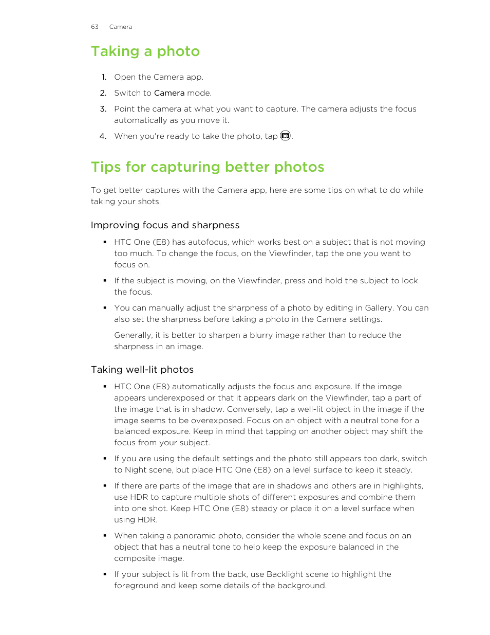 Taking a photo, Tips for capturing better photos | HTC One E8 User Manual | Page 63 / 185