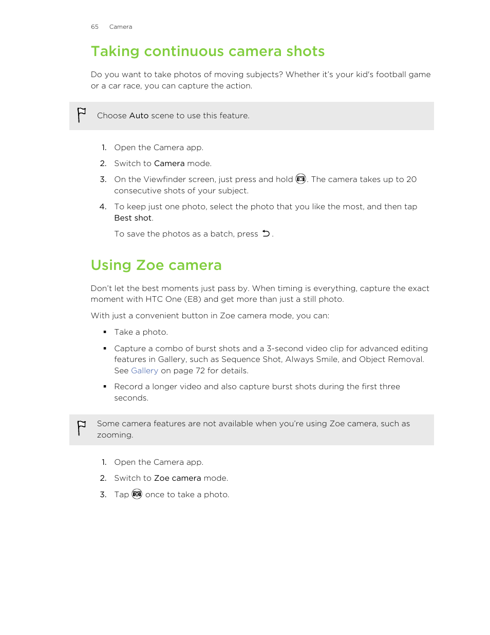 Taking continuous camera shots, Using zoe camera, Mode. see | HTC One E8 User Manual | Page 65 / 185