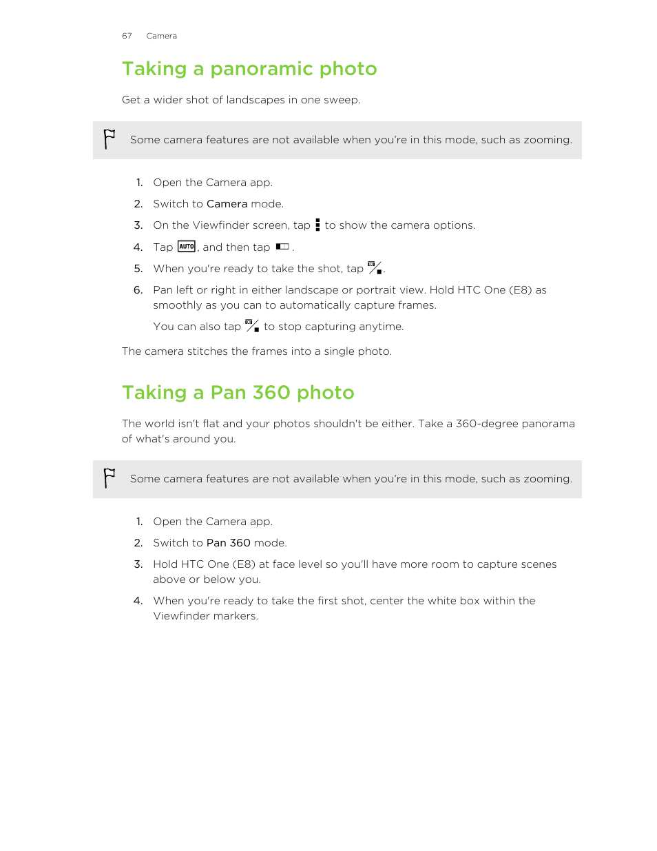 Taking a panoramic photo, Taking a pan 360 photo | HTC One E8 User Manual | Page 67 / 185