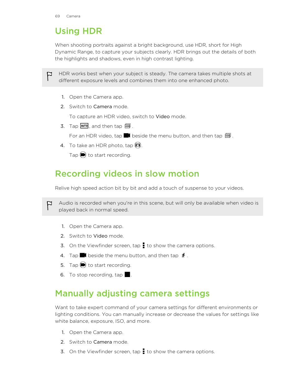 Using hdr, Recording videos in slow motion, Manually adjusting camera settings | HTC One E8 User Manual | Page 69 / 185