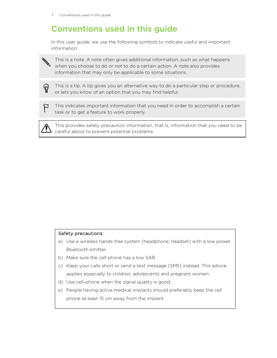 Conventions used in this guide | HTC One E8 User Manual | Page 7 / 185