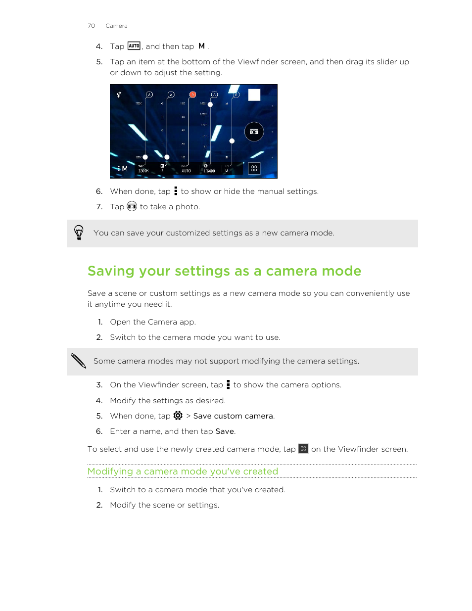 Saving your settings as a camera mode, Modifying a camera mode you've created | HTC One E8 User Manual | Page 70 / 185