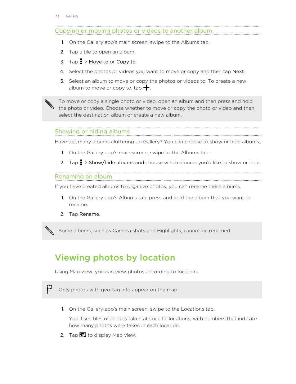 Showing or hiding albums, Renaming an album, Viewing photos by location | HTC One E8 User Manual | Page 73 / 185