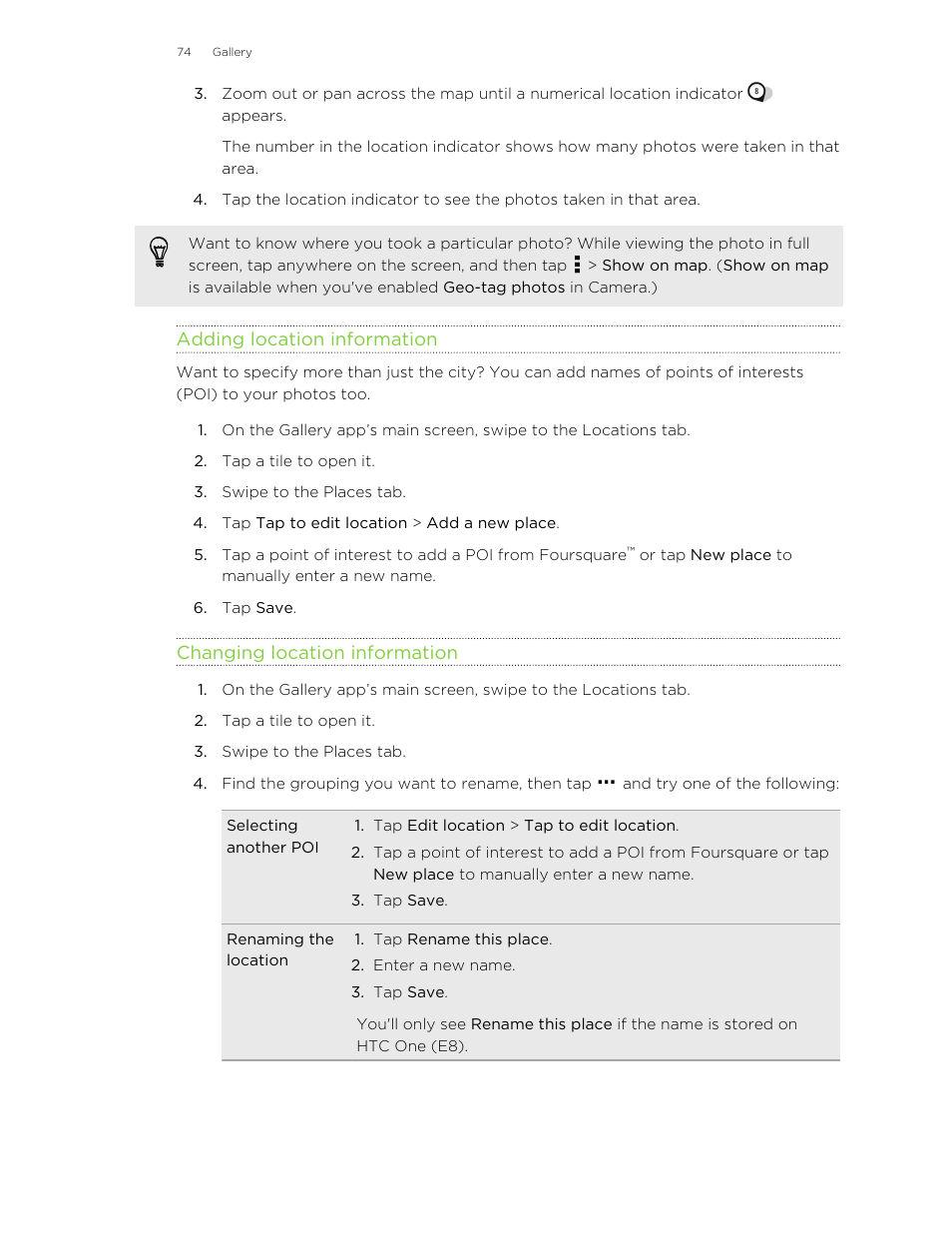 Adding location information, Changing location information | HTC One E8 User Manual | Page 74 / 185