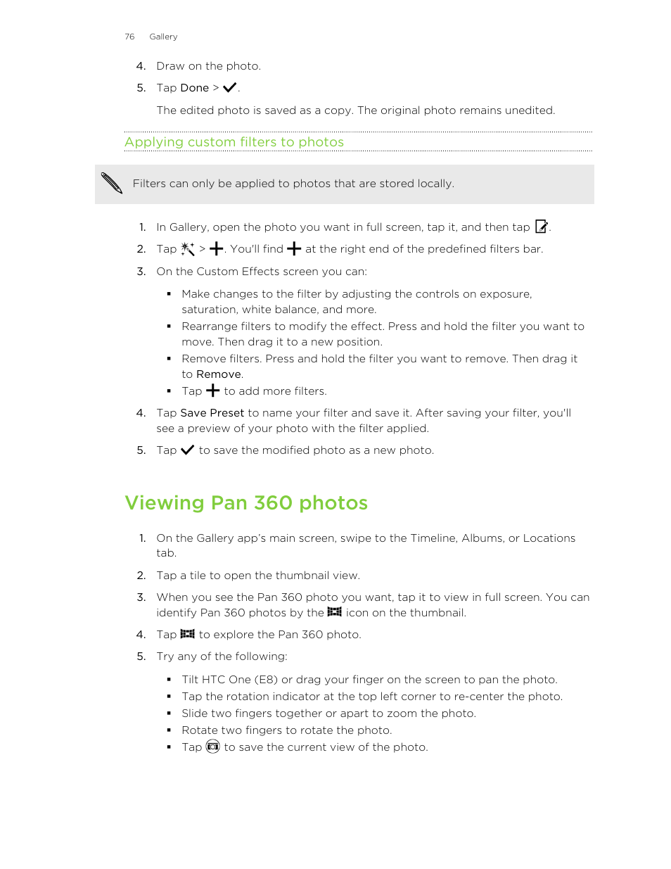 Applying custom filters to photos, Viewing pan 360 photos | HTC One E8 User Manual | Page 76 / 185