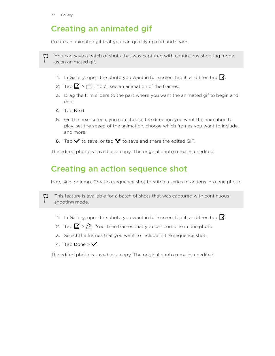 Creating an animated gif, Creating an action sequence shot | HTC One E8 User Manual | Page 77 / 185