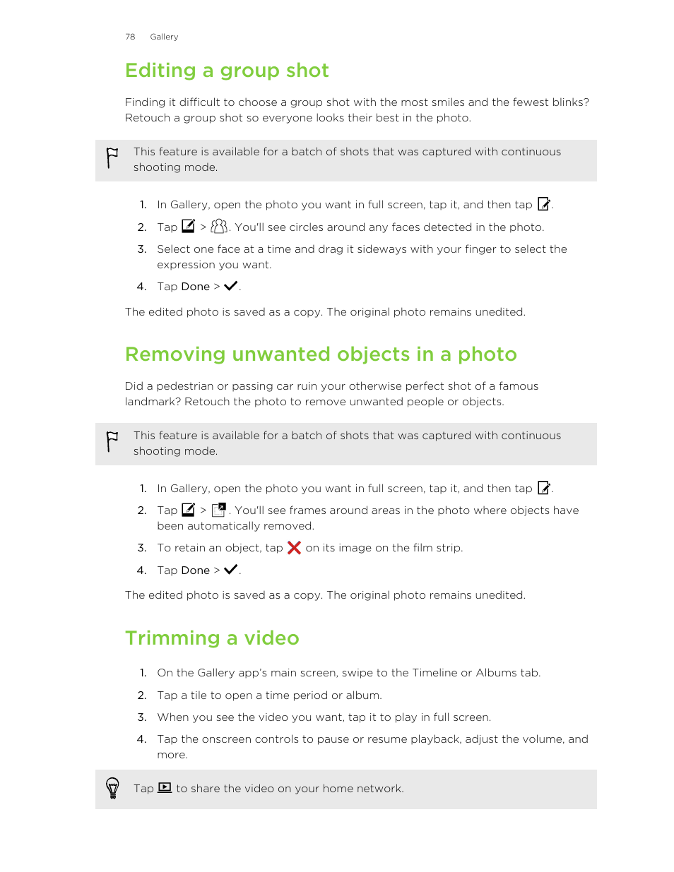 Editing a group shot, Removing unwanted objects in a photo, Trimming a video | HTC One E8 User Manual | Page 78 / 185