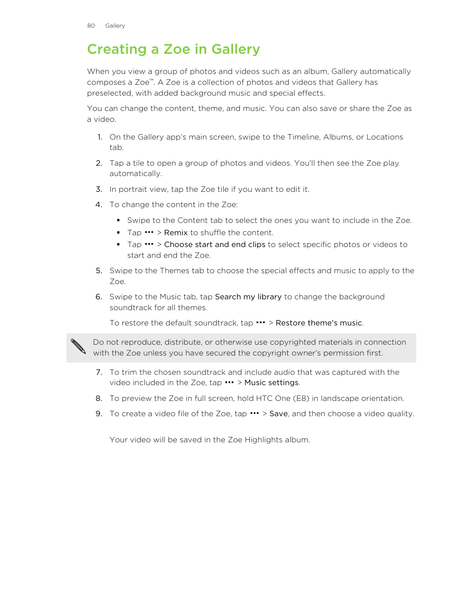 Creating a zoe in gallery | HTC One E8 User Manual | Page 80 / 185