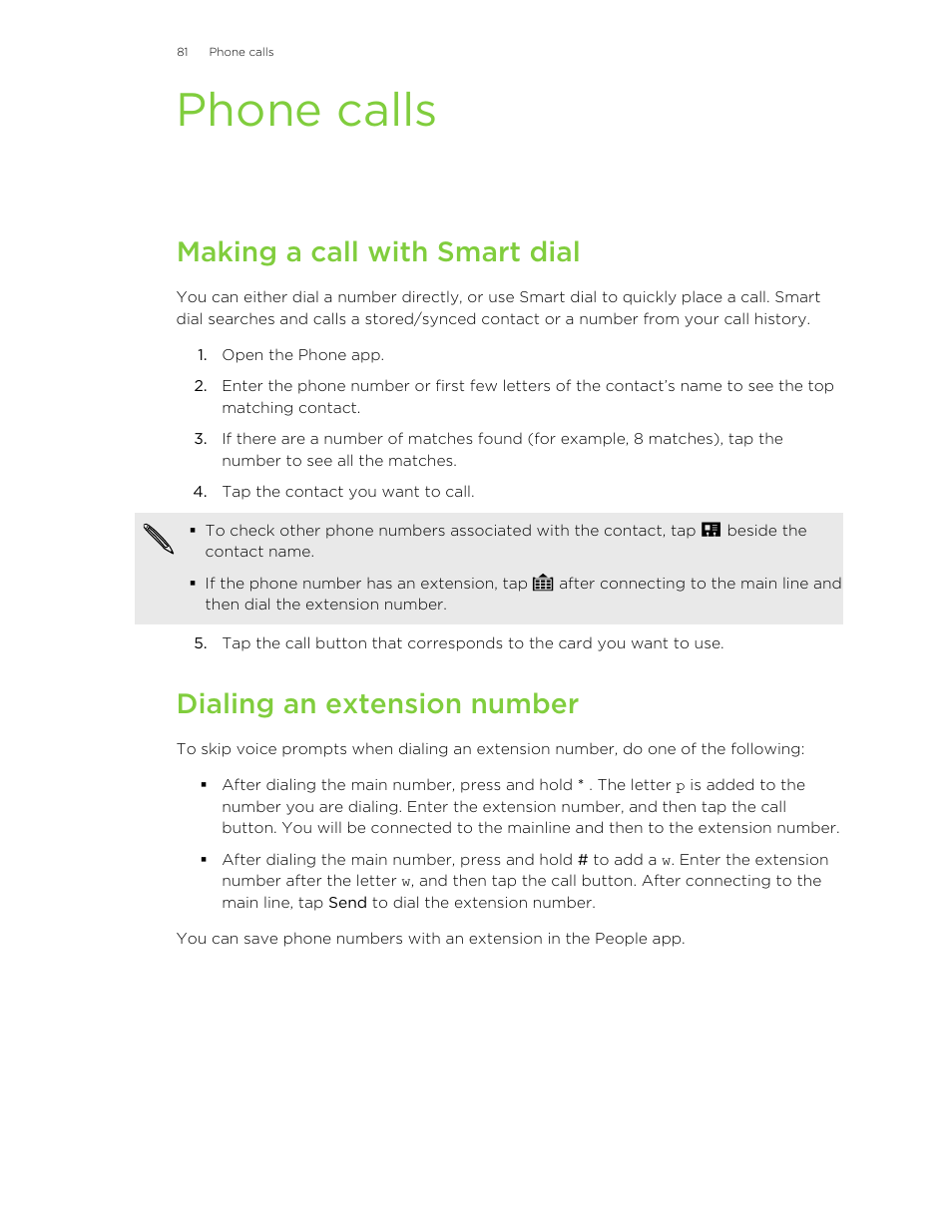 Phone calls, Making a call with smart dial, Dialing an extension number | HTC One E8 User Manual | Page 81 / 185