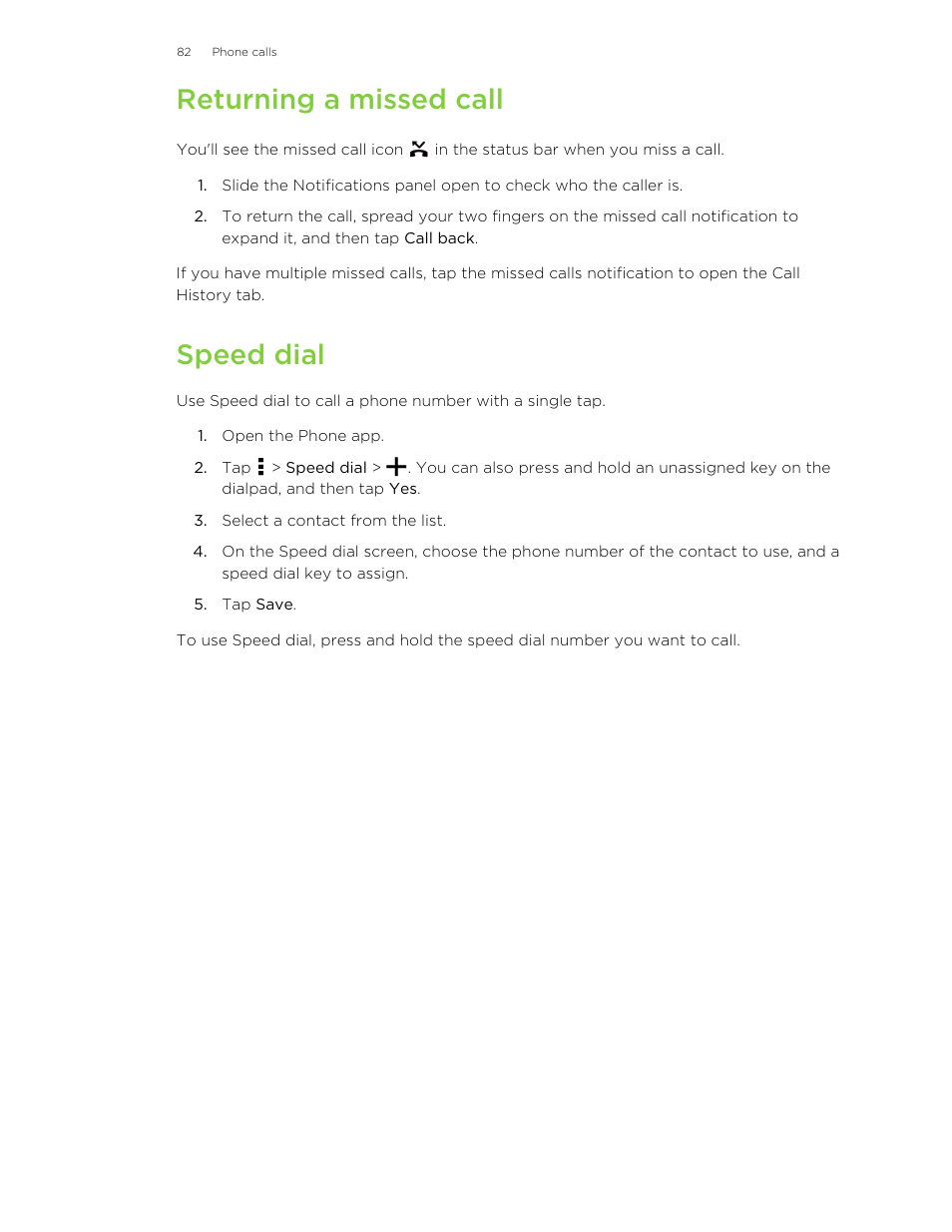 Returning a missed call, Speed dial | HTC One E8 User Manual | Page 82 / 185