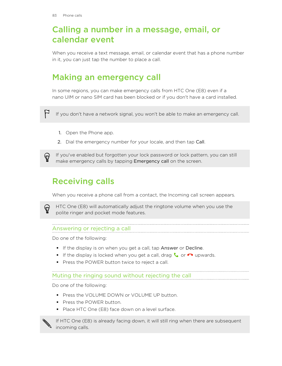 Making an emergency call, Receiving calls, Answering or rejecting a call | HTC One E8 User Manual | Page 83 / 185