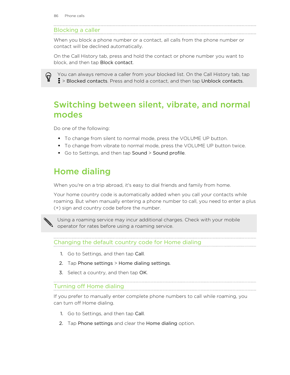 Blocking a caller, Home dialing, Changing the default country code for home dialing | Turning off home dialing | HTC One E8 User Manual | Page 86 / 185