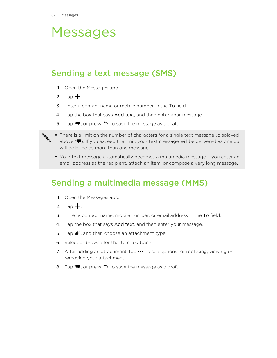 Messages, Sending a text message (sms), Sending a multimedia message (mms) | HTC One E8 User Manual | Page 87 / 185