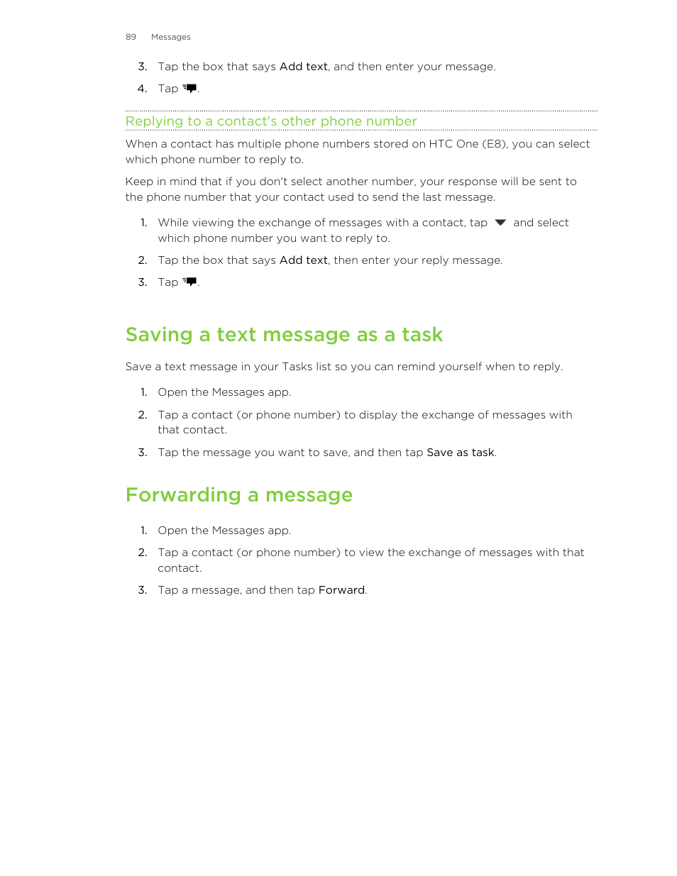 Replying to a contact's other phone number, Saving a text message as a task, Forwarding a message | HTC One E8 User Manual | Page 89 / 185