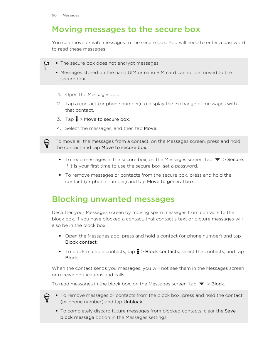 Moving messages to the secure box, Blocking unwanted messages | HTC One E8 User Manual | Page 90 / 185