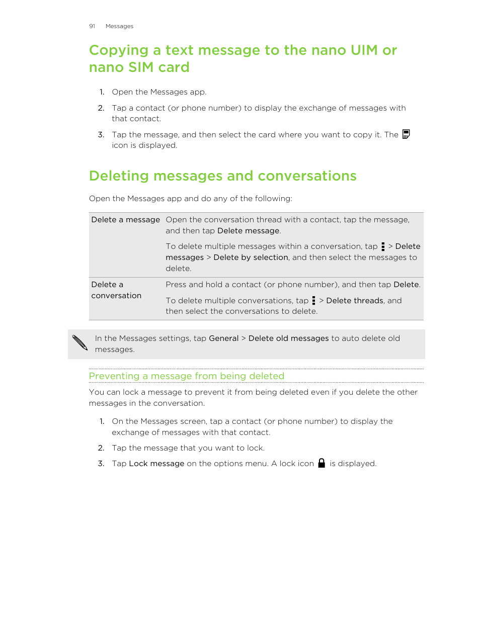 Deleting messages and conversations, Preventing a message from being deleted | HTC One E8 User Manual | Page 91 / 185