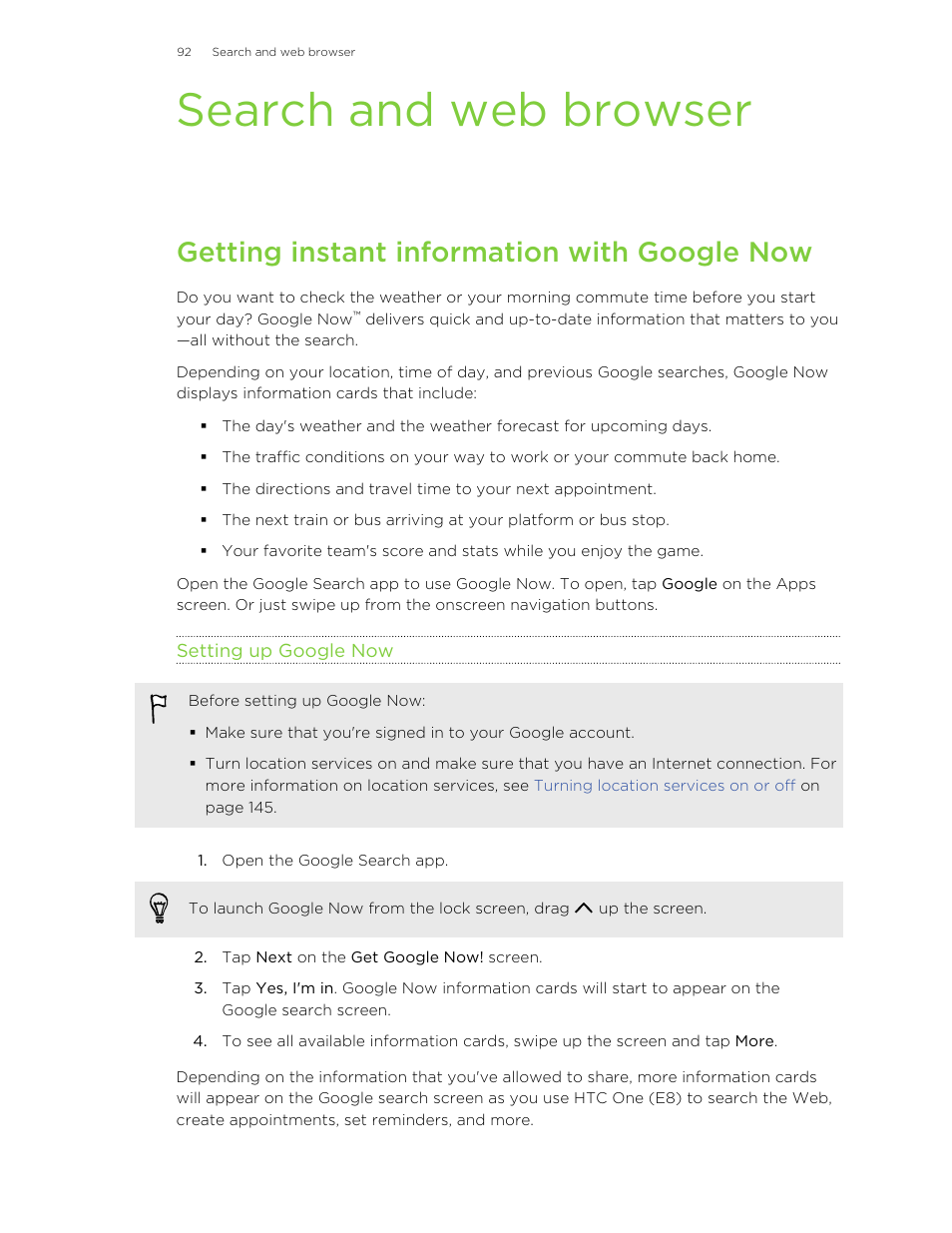 Search and web browser, Getting instant information with google now, Setting up google now | HTC One E8 User Manual | Page 92 / 185