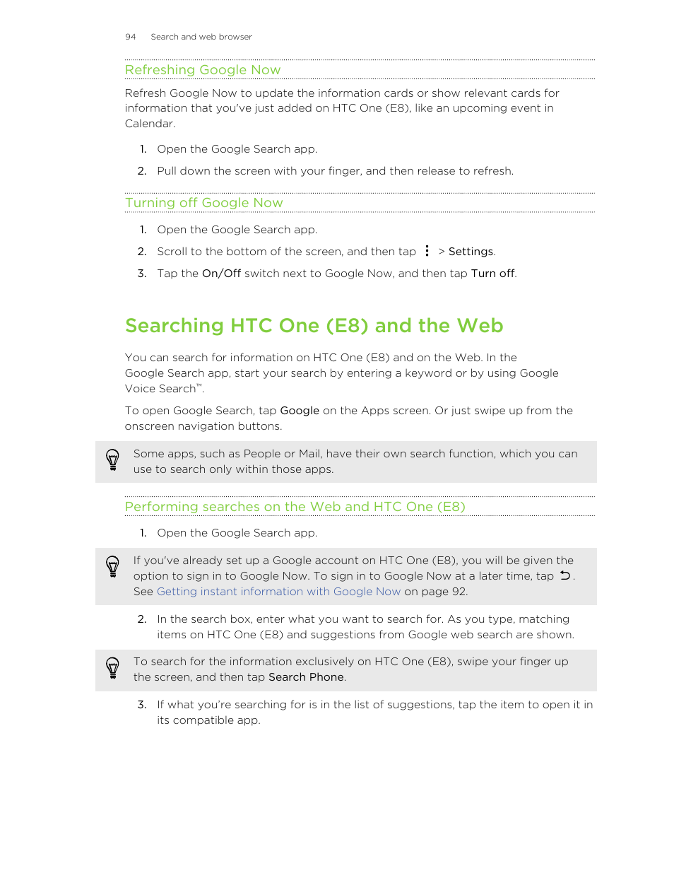 Refreshing google now, Turning off google now, Searching htc one (e8) and the web | Performing searches on the web and htc one (e8) | HTC One E8 User Manual | Page 94 / 185