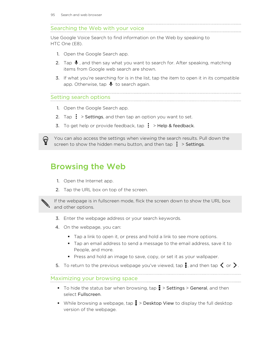 Searching the web with your voice, Setting search options, Browsing the web | Maximizing your browsing space | HTC One E8 User Manual | Page 95 / 185