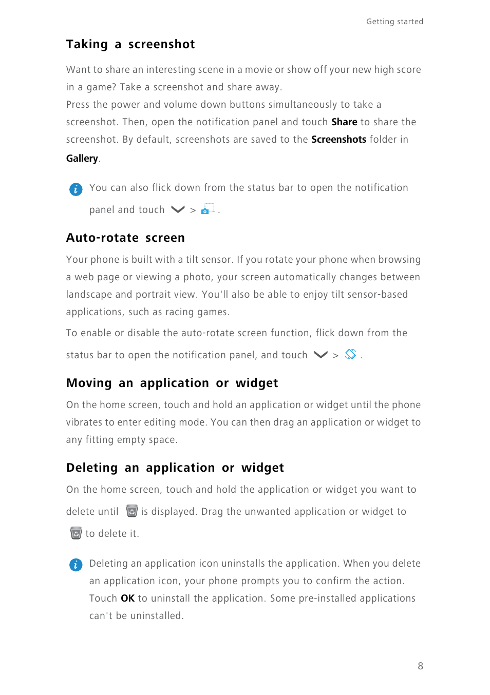 Taking a screenshot, Auto-rotate screen, Moving an application or widget | Deleting an application or widget | Huawei Ascend Y550 User Manual | Page 12 / 71