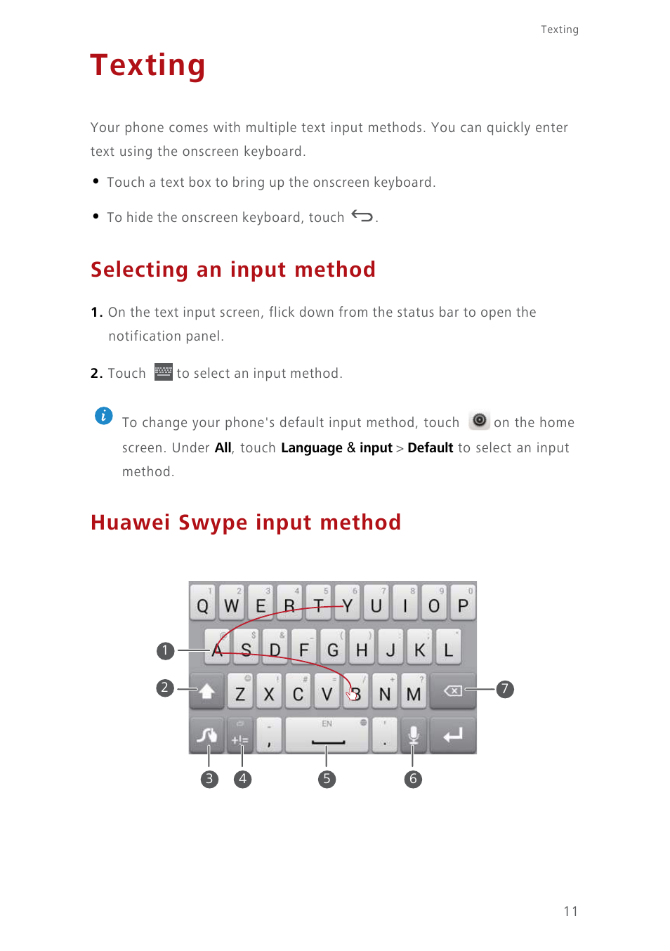 Texting, Selecting an input method, Huawei swype input method | Huawei Ascend Y550 User Manual | Page 15 / 71