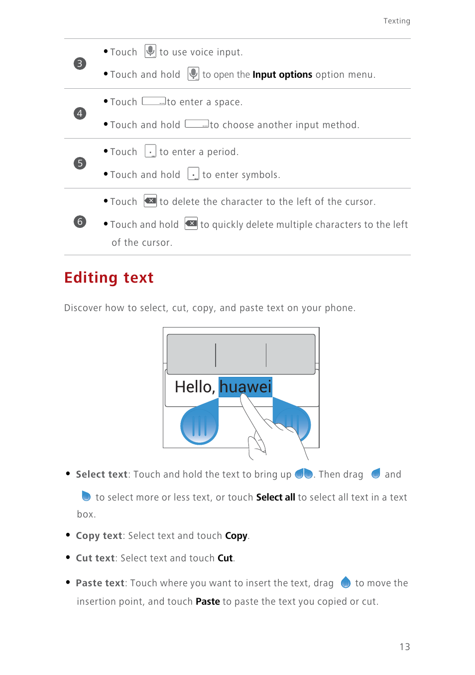 Editing text, Hello, huawei | Huawei Ascend Y550 User Manual | Page 17 / 71