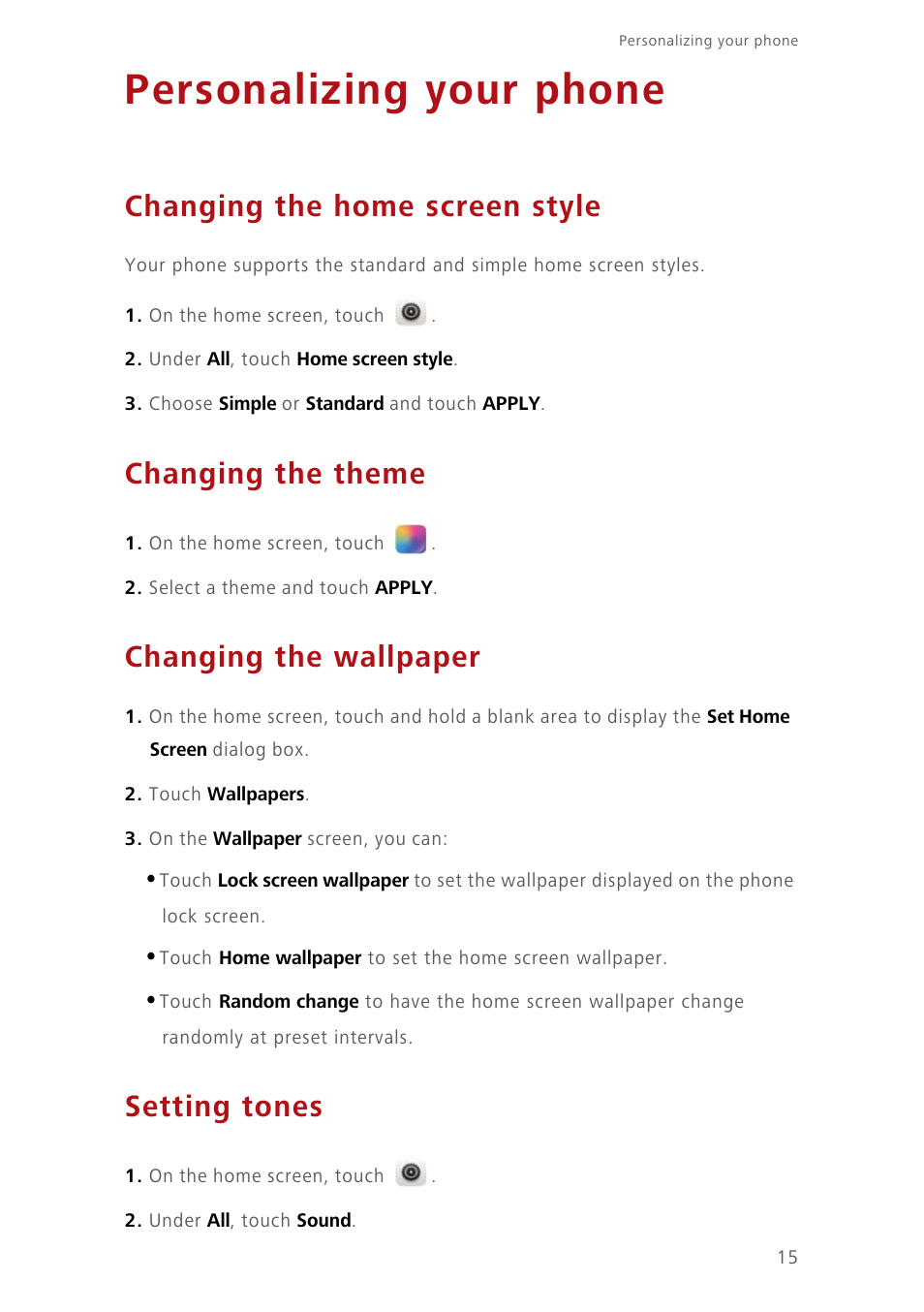 Personalizing your phone, Changing the home screen style, Changing the theme | Changing the wallpaper, Setting tones | Huawei Ascend Y550 User Manual | Page 19 / 71