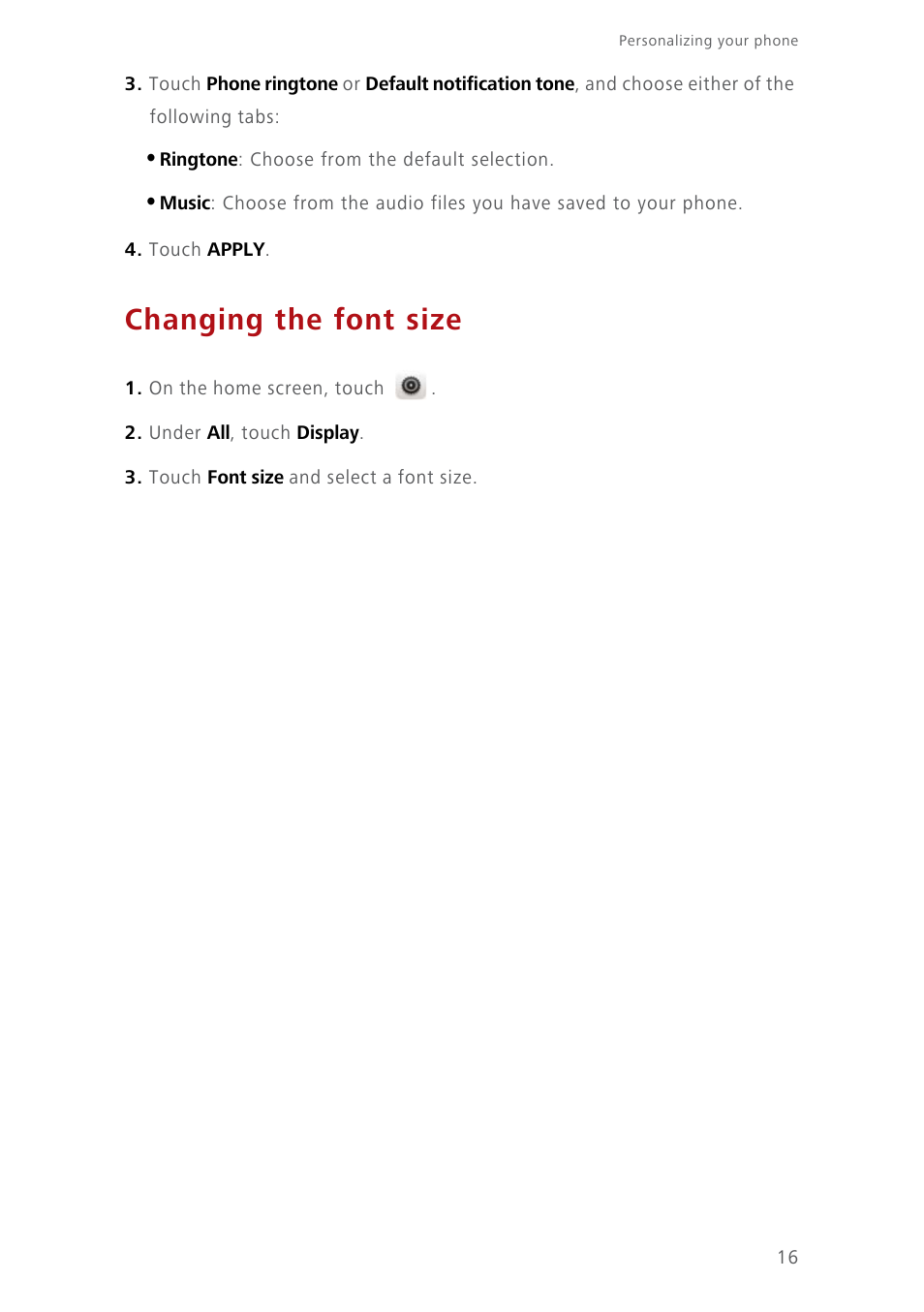 Changing the font size | Huawei Ascend Y550 User Manual | Page 20 / 71