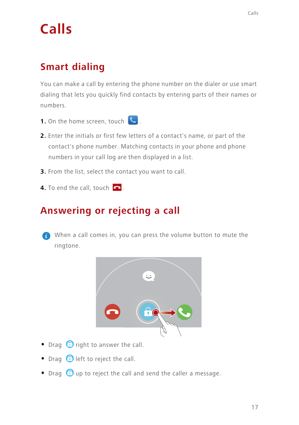 Calls, Smart dialing, Answering or rejecting a call | Huawei Ascend Y550 User Manual | Page 21 / 71