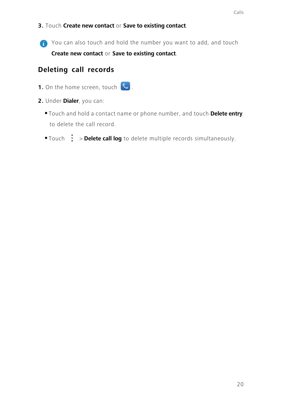 Deleting call records | Huawei Ascend Y550 User Manual | Page 24 / 71