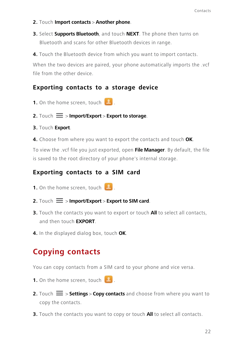 Exporting contacts to a storage device, Exporting contacts to a sim card, Copying contacts | Huawei Ascend Y550 User Manual | Page 26 / 71