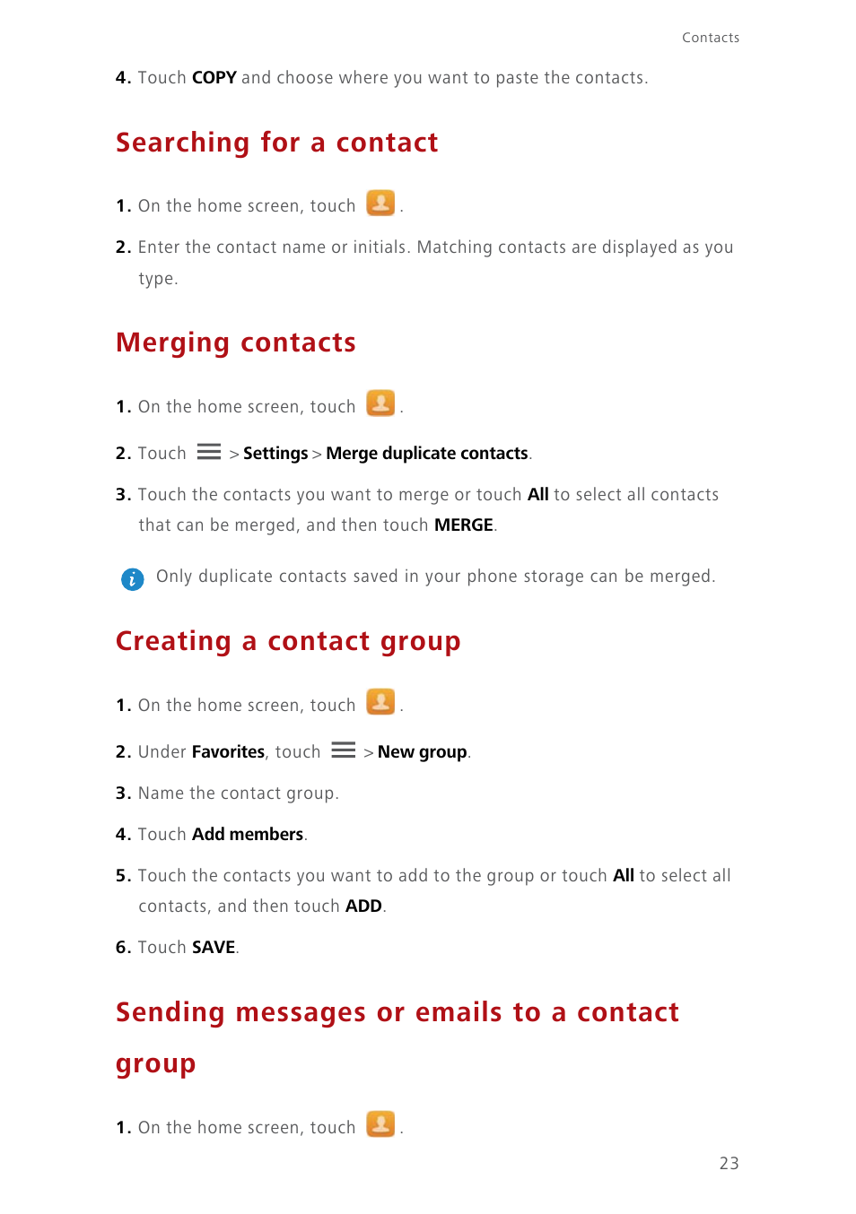 Searching for a contact, Merging contacts, Creating a contact group | Sending messages or emails to a contact group | Huawei Ascend Y550 User Manual | Page 27 / 71