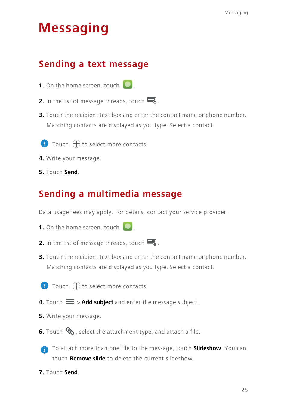 Messaging, Sending a text message, Sending a multimedia message | Huawei Ascend Y550 User Manual | Page 29 / 71