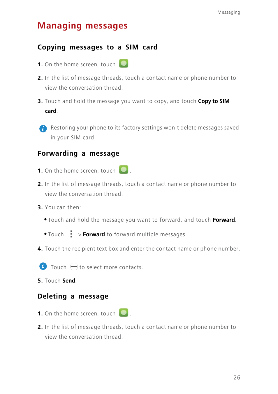 Managing messages, Copying messages to a sim card, Forwarding a message | Deleting a message | Huawei Ascend Y550 User Manual | Page 30 / 71