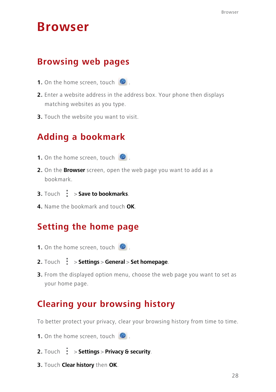 Browser, Adding a bookmark, Clearing your browsing history | Browsing web pages, Setting the home page | Huawei Ascend Y550 User Manual | Page 32 / 71